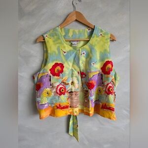 Vtg 100% Silk Floral Vest  Multi-Color Sz L Tie Back Button Down Front